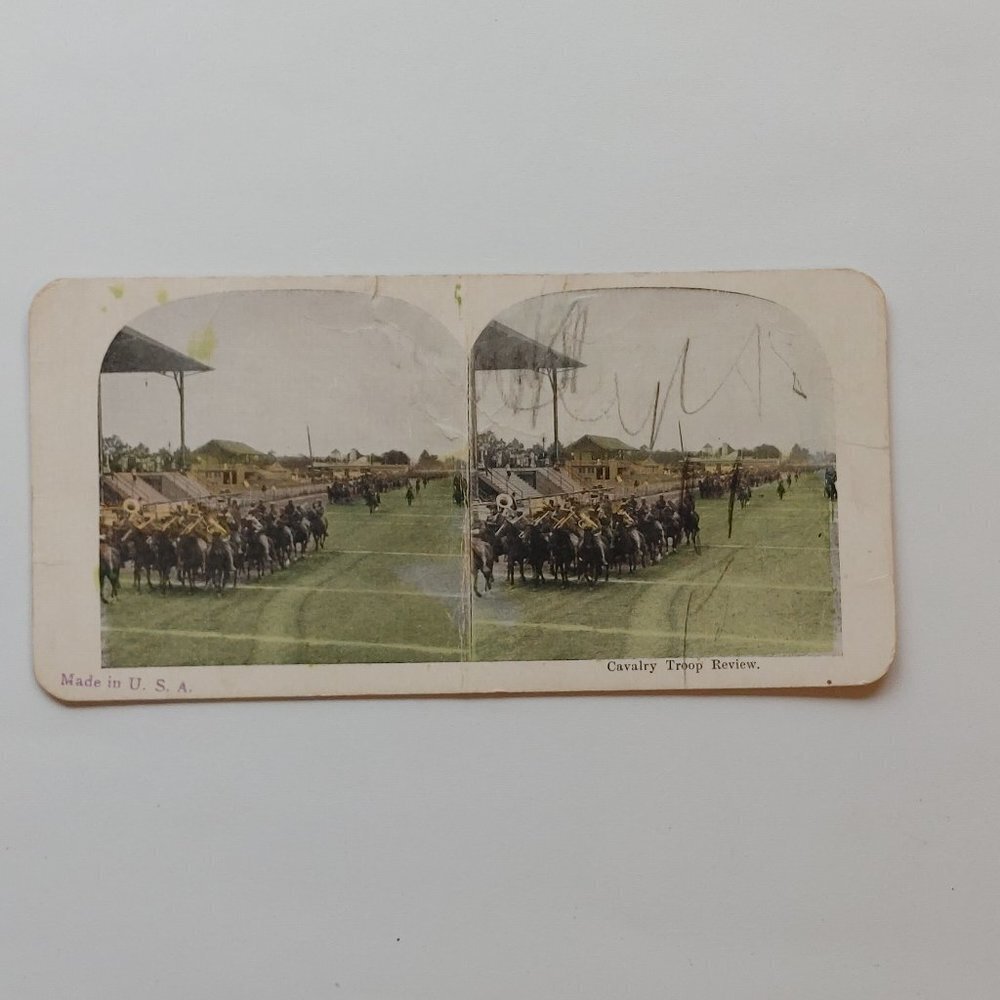 Antique Stereograph Card "Calvalry Troop Review" Militaria World War History